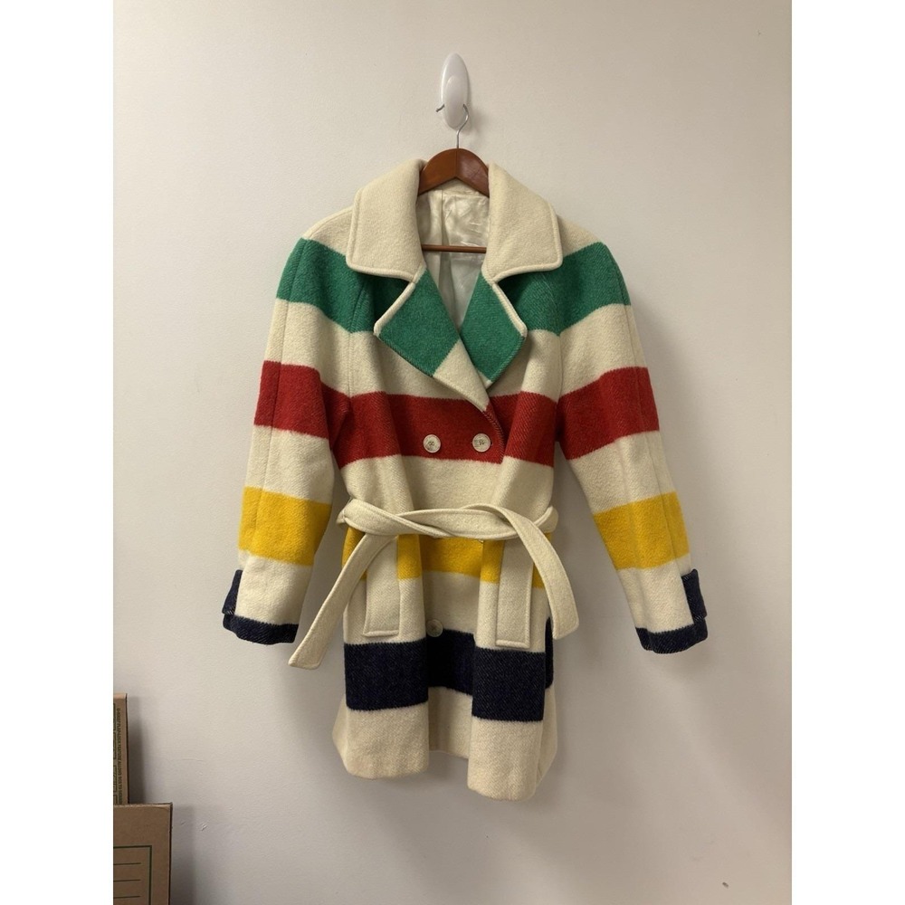 VINTAGE Hudson Bay Wool Blanket 4 Point Heavy Striped Coat w Belt Sz L/XL